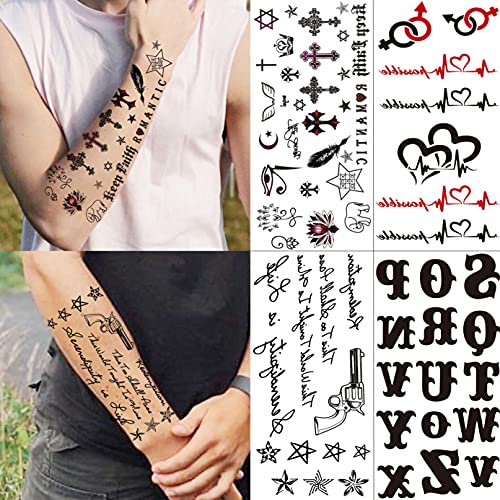 TASROI 18 Sheets Black Inspired Quotes Temporary Tattoos For Women Kids Children Long Lasting Letter Alphabet Words Fake Tattoo Stickers Birds Cross ECG infinity Moon Star Neck Arm Tatoo For Men Adult