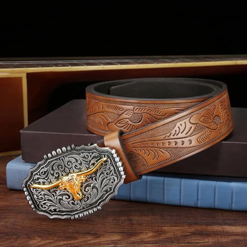 Image of Men Cowboy Belt, Western Cowgirl Big Letter Buckle Belts | Longhorn Bull Strap for Jeans Pants, Faux Leather Embossed Floral County Waistband