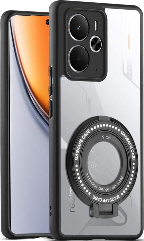 Image of Mr. Case Back Cover for Realme 14 5G with Transparent Back & Kickstand | Clear Hard Back with Silicone Frame - Black