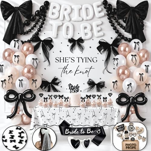 325 Pc Black Bow Bridal Shower Decorations Set - Shes Tying the Knot Bridal Shower Decorations with Black Bow Balloons Backdrop Bride to Be Banner - Elegant Bachelorette Party Decor Kit