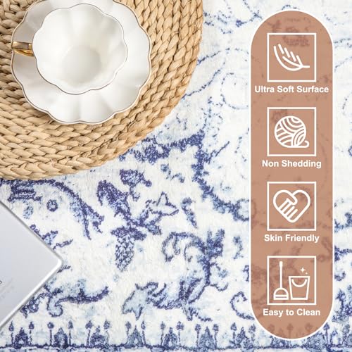 Image of Sofrug Vintage Floral Area Rug 5'x7' Honeycomb Non-Slip Backing - Blue Thicker Faux Wool Rug - Foldable & Machine Washable Rug for Living Room Bedroom Dining Room Home Office Decor