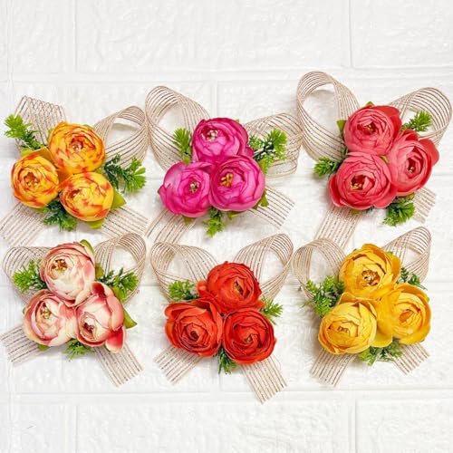 ADIKALA Craft Store Set of 6 Handmade Artificial Peonies Flower Bunch for Hamper, Flower Brooch Hamper for Decoration, Gifting, Trousseau Packing | Flower Bunch (Multi Color D5)