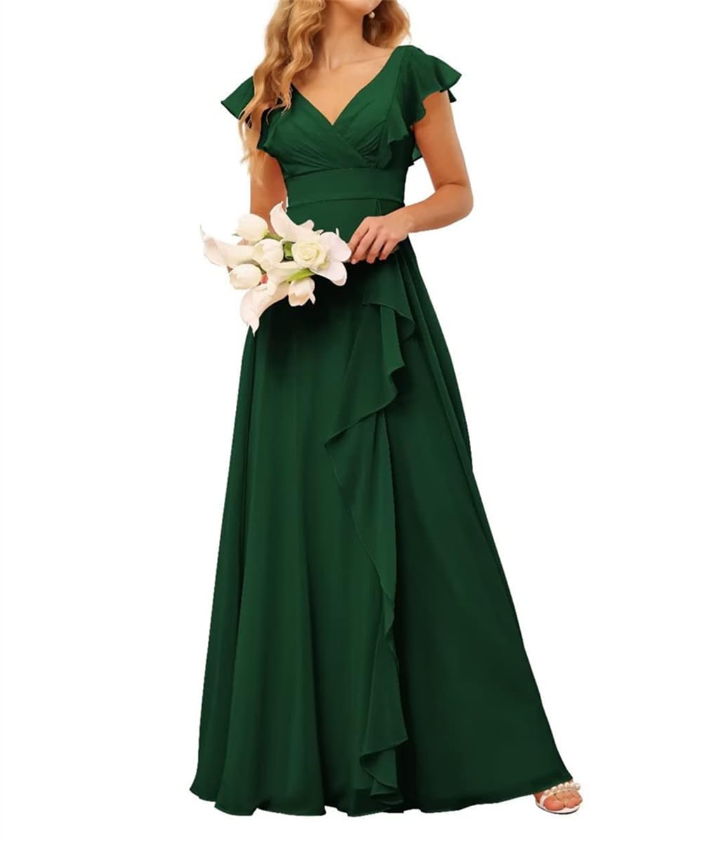 Women's Pleats Chiffon Bridesmaid Dresses V Neck Formal Evening Party Gowns Ceremony Dresses Backless