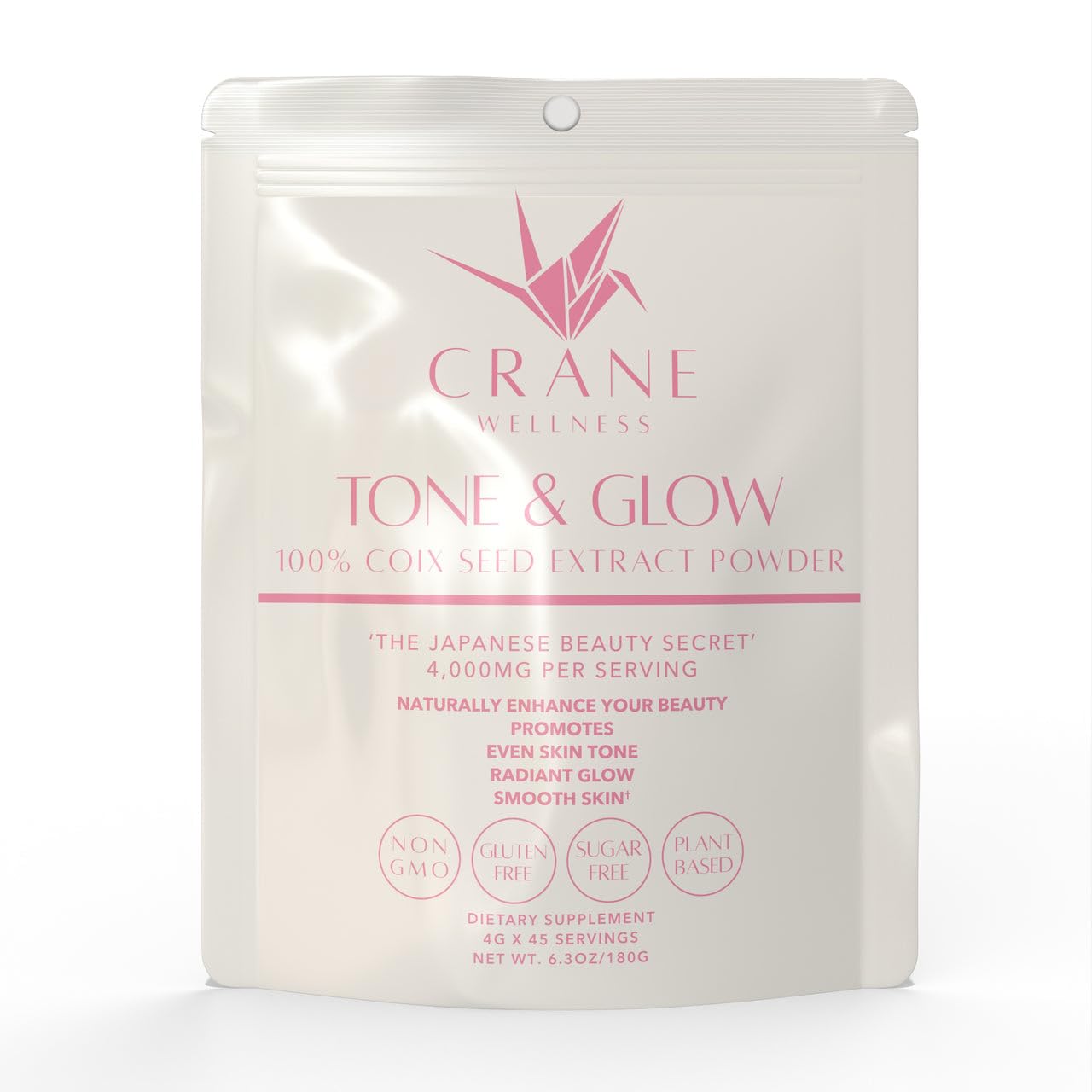 CRANE WELLNESS TONE & GLOW 100% Pure Non-Gmo Coix Seed Extract Powder | Job's Tears/Pearl Barley/Adlay | Vegan, Gluten Free, Concentrated, All Natural, Made in Japan