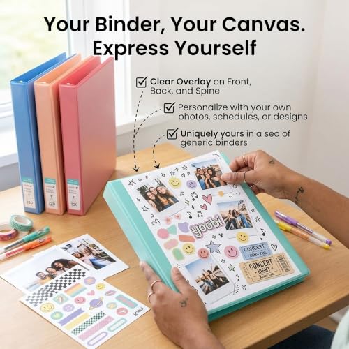 Yoobi 1 Inch Binder Set, 3 Ring Binders with Plastic Cover, 2 Pocket Sleeves and D Rings, Organizer for up to 220 Sheets of Loose Paper, 4 Pack Cute Binders, Multicolor, Office or School Supplies