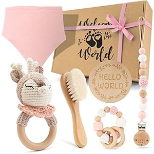 LUXS BABY Baby Geschenk Mädchen [6-Teilig] für Neugeborene | Handmade Spielzeug, Dreieckstuch, Meilensteinkarte, Rassel, Bürste | Geschenk zur Geburt, Babyparty