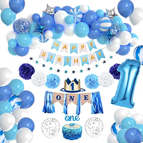 JOYYPOP 1st Birthday Decorations - Baby 1st Birthday Party Supplies 67PCS with 1st Birthday Baby Crown, ONE Cake Topper, 1st Birthday Highchair Banner Decorations(Blue)