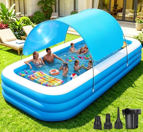 Extra Large Inflatable Pool with Canopy Pump 145 x 74 x 22 Large Blow Up Pool for Adults Family Full Size Inflatable Swimming Pool with Big Shade for Backyard Outdoor