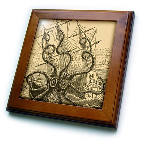 3dRose Gigantic Colossal Octopus sea Monster Kraken. Pierre Denys de Montfort Framed Tile, Multi