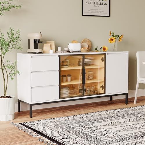 Buffet Cabinet with Storage, Kitchen Side Panel Storage Room with Doors and 3 Drawers, Pantry Cabinet Display Rack, Console, Dining Table Manager Furniture, Living Room Dining Room White