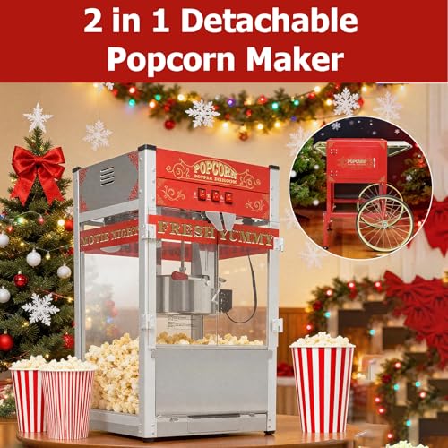 Image of 28 OZ Commercial Popcorn Machine with Cart - Stainless Steel Kettle Popper with Wheels, Warming Deck & Tempered Glass, for Business, School, Corporate, Theater, Home Use, Red