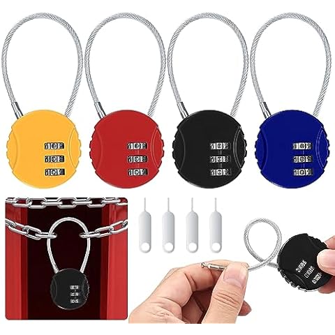 ALAHUGYEF 3-Digit Combination Lock, Zinc Alloy, Black/Blue/Red/Yellow, Keyless, 135mm Rope Length, 2.5mm Steel Wire Diameter Cover
