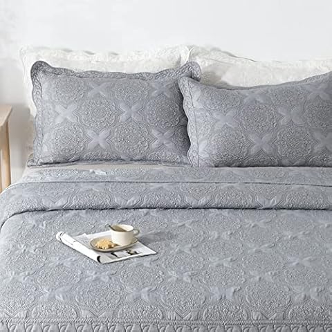 Brandream King Size Quilt Set Farmhouse Quilted Bedding Set Grey Queen Oversized Bedspreads Vintage Cotton Fiber Blend Cover