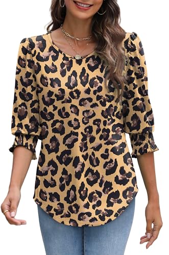 Image of XIEERDUO Blouses for Women Dressy Casual 3 /4 Length Sleeve Womens Tops with Smocked Cuffs