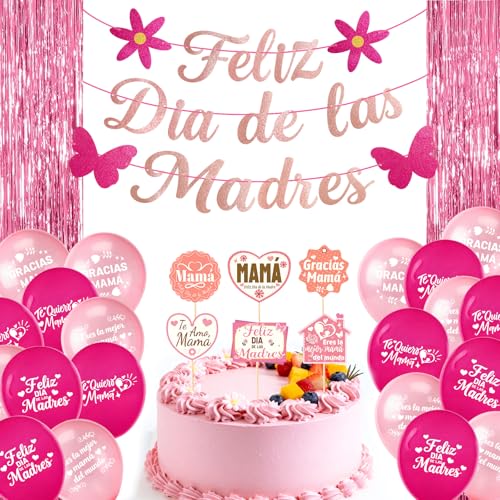 33 PCS Feliz Dia De Las Madres Decorations Feliz Dia De Las Madre Banner Pink Foil Fringe Backdrop Curtains and Mothers Day Balloons Happy Mothers Day Cake Topper Spanish Mothers Day Decorations