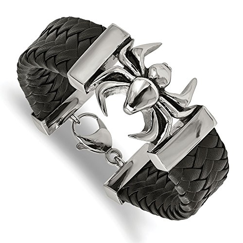 Stainless Steel Polished Antiqued-Style Blk Leather Spider Mens Bracelet 8.5 - with Secure Lobster Lock Clasp