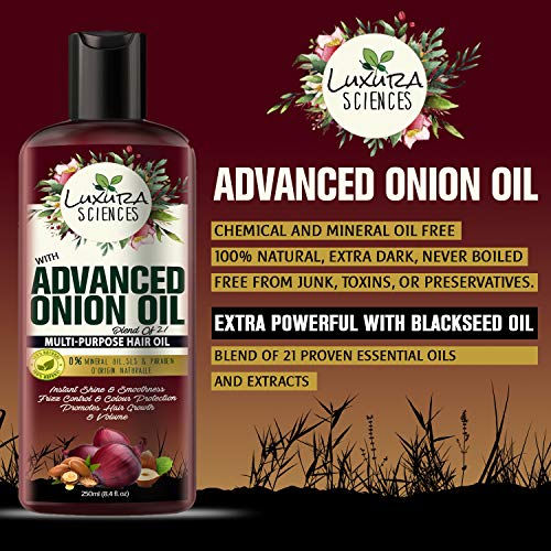 Image of Luxura Sciences Advanced Onion Hair Oil For Hair Growth 250ml, Hair Stimulant with 21 Proven Natural Ingredients. Free From Mineral Oil, Silicones & Parabens.