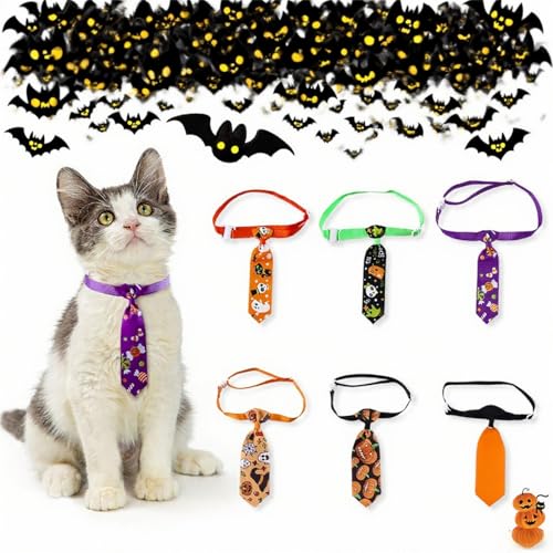 Halloween Cat Bow Tie Collar Adjustable Pet Neck Tie Costume Accessories for Small Medium Large Dogs & Cats Cute Pumpkin Bat Ghost Patterns for Holiday Party & Photo Props