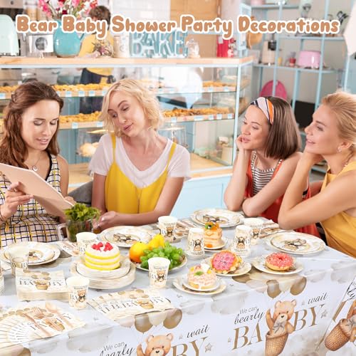 Image of Funnymoom 452 Pcs 50 Guests We Can Bearly Wait Baby Shower Decorations, Brown Neutral Baby Shower Paper Plates Napkins Cups Tablecloth Cutlery Straws Tableware Set for Gender Reveal Party Supplies