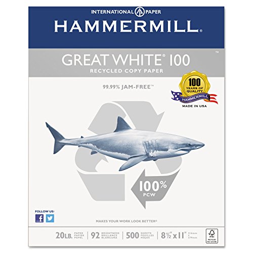 Hammermill Great White 100% Recycled 20lb Copy Paper, 8.5 x 11, 1 Ream