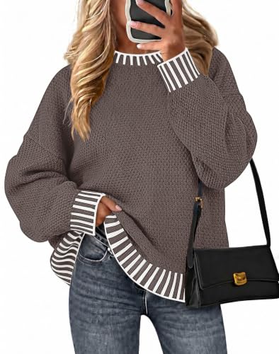 Image of Fall Clothes for Women 2026 Fashion Outfits Knitted Oversized Sweaters | Disamer Womens Sweater Trendy,Color Block Crew Neck Long Sleeve Knitted Pullover Jumper Tops,Striped,Winter Cute Sweaters