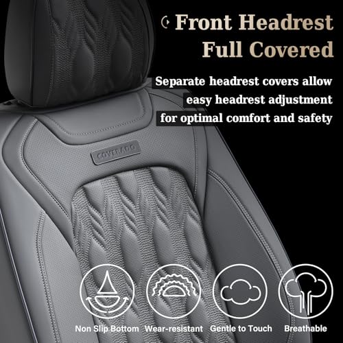 Image of Coverado Car Seat Cover Full Set, Waterproof Front and Back Seat Covers for Cars, 5-Pack Leather Seat Covers, Car Seat Protectors, Driver Seat Cushions Fit for Most Vehicles Gray