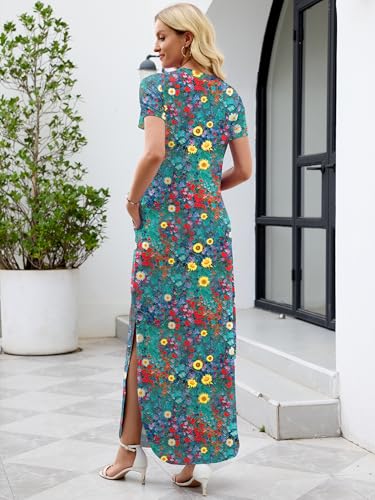 Image of Heymoments Womens Summer Maxi Dress Short Sleeve Casual Loose Long T Shirt Split Vacation Beach Sundress with Pockets