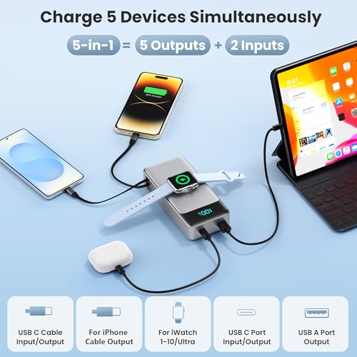 Image of 5-in-1 Portable Charger for iPhone,40800mAh Power Bank Built-in Retractable Cable and iWatch Charger,25W PD QC4.0 Fast Charging Battery Pack,Travel Essential Phone Charger for iPhone 17 /16 /15,Android