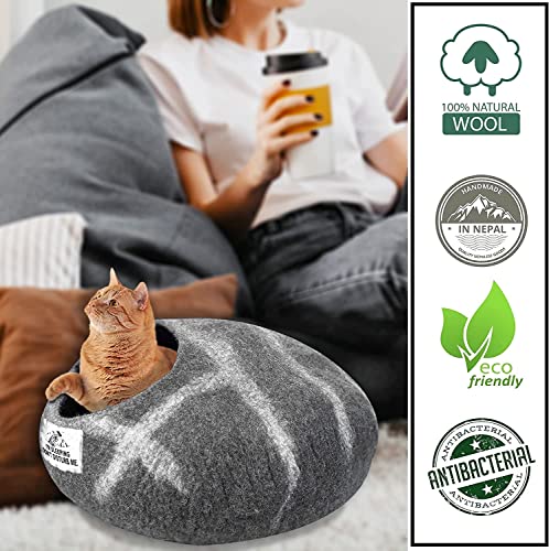 Woolygon - Wool Cat Cave Bed Handcrafted From 100% Merino Wool, Eco-Friendly Felt Cat Cave For Indoor Cats And Kittens (Pebble Striped) #TOP2