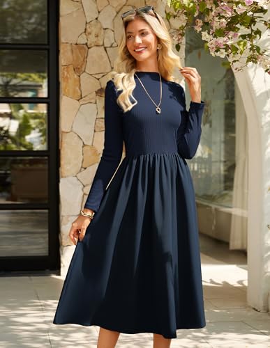 Women's Fall Midi Dress Long Sleeve Midi Dress Elastic Waist Aline Ribbed Semi Formal Work Office Teacher Dress Navy Blue S3