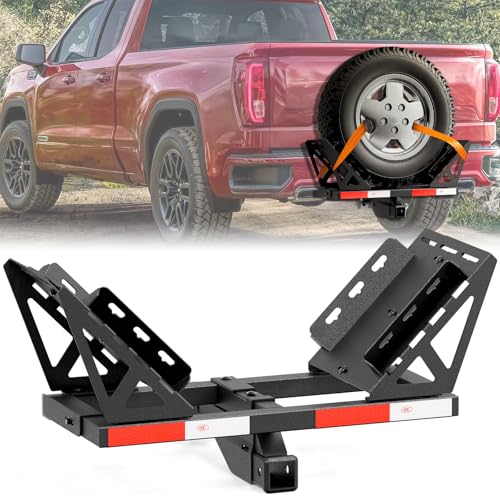EYOUHZ Hitch Mounted Spare Tire Carrier 220 LBS Heavy Duty Trailer Rack Universal Adjustable Mount for 2 Hitch Receiver Fits Most Tire Size Rear Wheel Bracket for Truck Trailer SUV and Off-Road