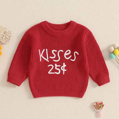 Toddler Baby Girl Outfits Kisses 25 Cents Embroidery Long Sleeve Knit Sweater Pullover Spring Tops (Red, 6-12 Months)