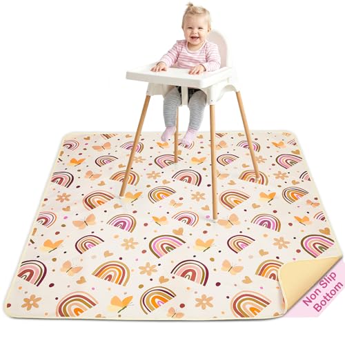 Basumee Splat Mat High Chair Mat Waterproof Baby Play Splat Mat for Under High Chair Food Catcher Highchair Mat for Floor Non Slip Bottom, Brown Rainbow, 46x42 Inches