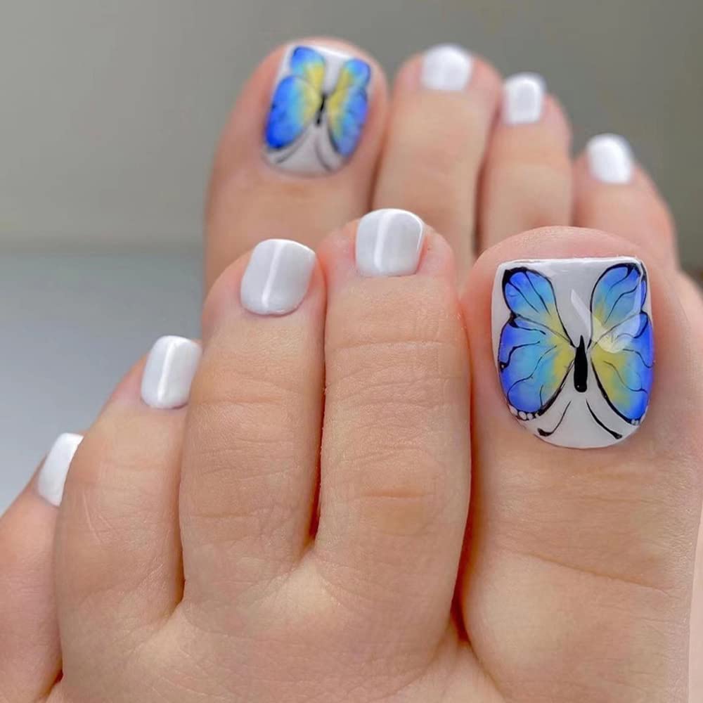 Amazon.com: HAKJXOS Press on Toenails Short Square Fake Toenails Acrylic White  Toenails Blue Butterfly Design Summer Beach Artificial Toenails for Women  and Girls 24 Pcs : Beauty & Personal Care