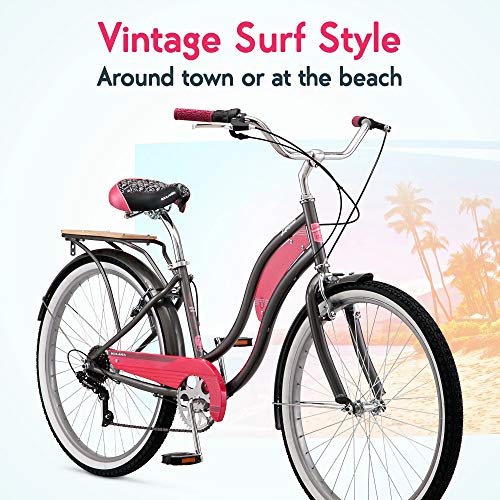 Kulana Lakona Tide Adult Beach Cruiser Bike, 26-Inch Wheels, 7-Speed, Gray/Pink #TOP1