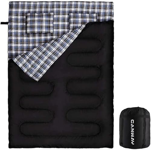 CANWAY Doppelschlafsack Schlafsack 220 x 150cm für 2 Erwachsenen Sommerschlafsack mit 2 Gratis Kissen, eine Tragetasche für Outdoor Camping Wandern (Schwarz) Flannel Cover