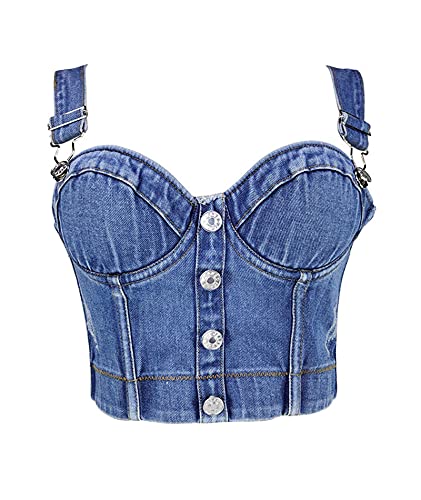 Women's Denim Bustier Crop Top Jean Corset Top Bra with Buttons