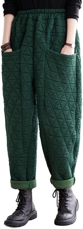 WROLEM Women Padded Quilted Pants Fall Winter Cotton Warm Casual Wide Leg Pants Elastic Waist Trousers with Pockets