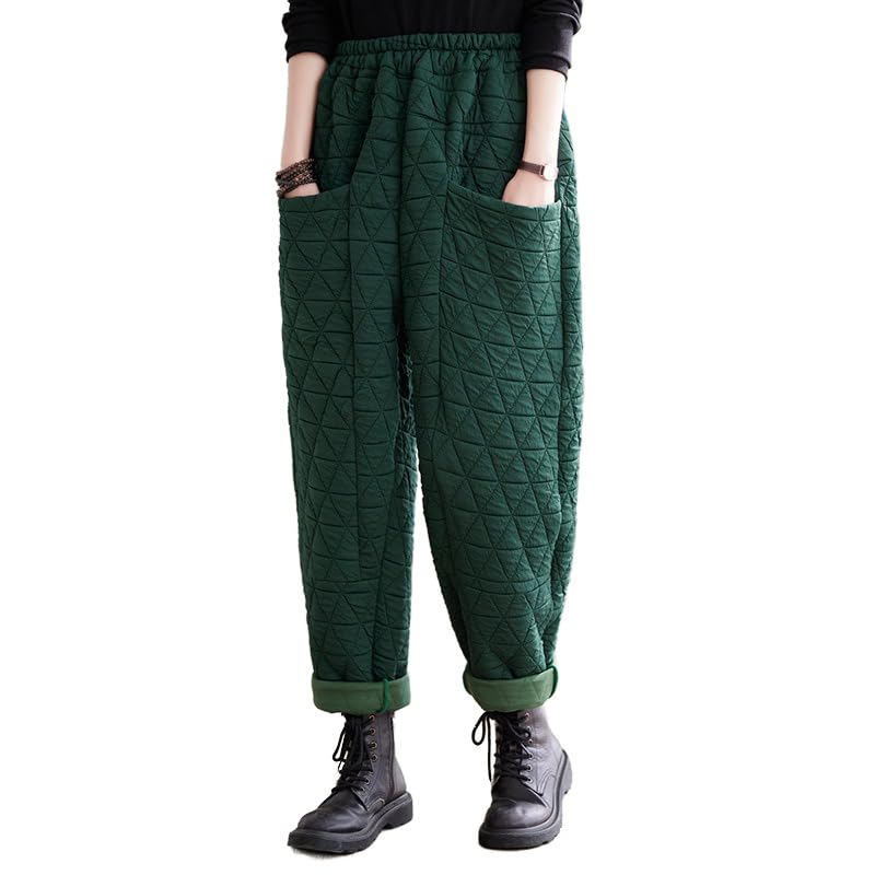 WROLEM Women Padded Quilted Pants Fall Winter Cotton Warm Casual Wide Leg Pants Elastic Waist Trousers with Pockets