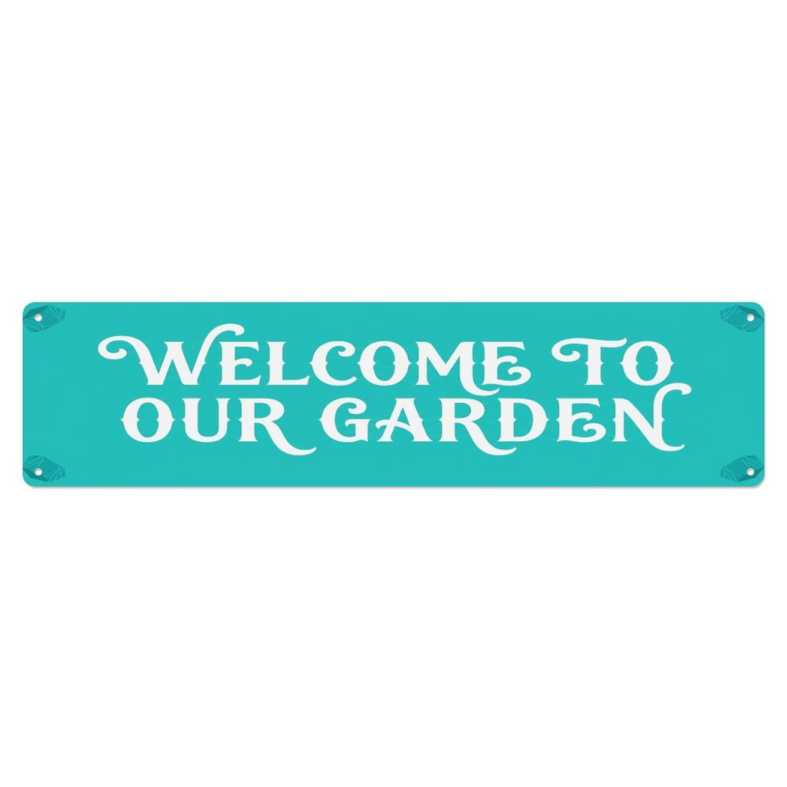 Vintage Welcome to Our Garden Turquoise Metal Tin Sign