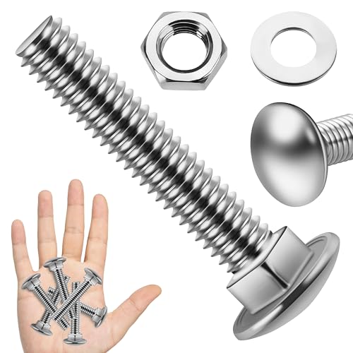 Image of (8 Sets) 3 /8-16 x 2 Carriage Bolts with Nuts and Washers, 304 Stainless Steel Round Head Square Neck 3 /8 Carriage Bolts Screws, Full Thread for Outdoor