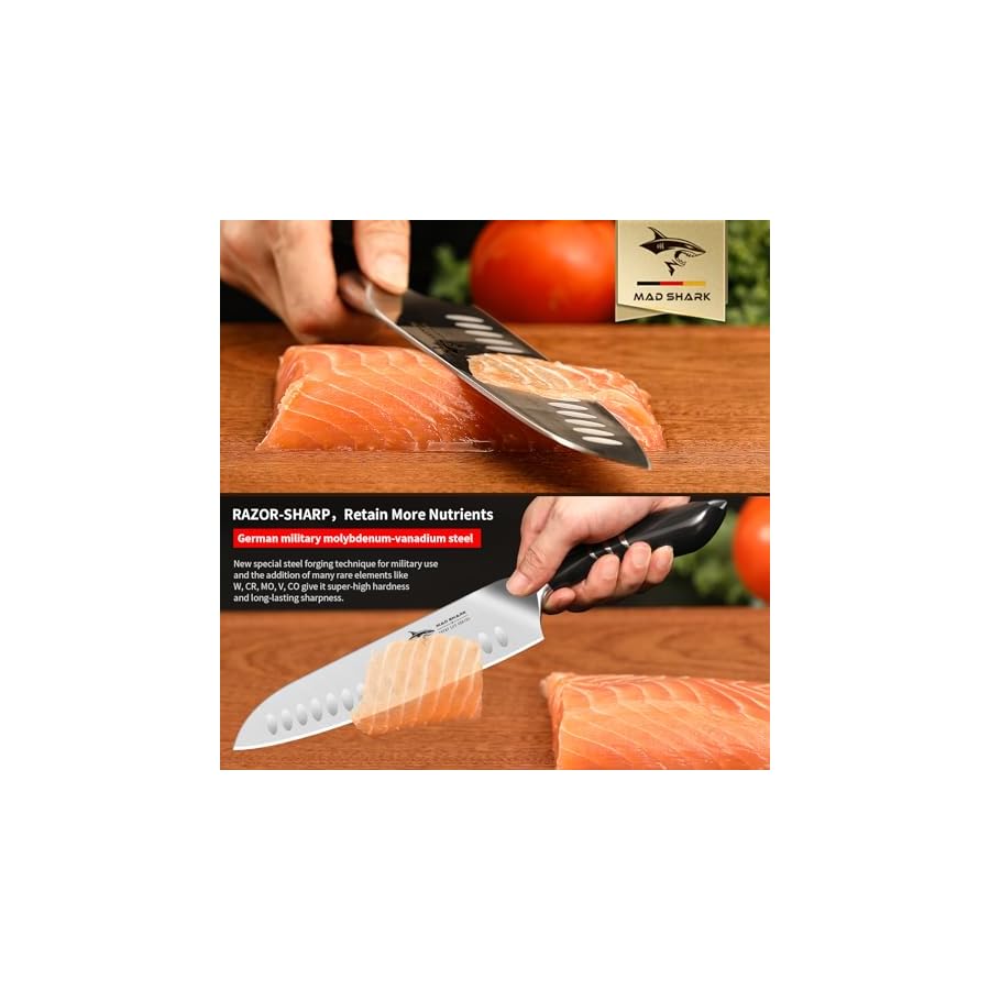 MAD-SHARK-Premium-Santoku-Knife-8-Inch-High-end-Professional-Best-Sharp-Kitchen-Knife-German-Stainless-Steel-Japanese-Chef-Knife-Sushi-knife-Chefs-knives-Cutting-Knives-Black MAD SHARK Santoku Knife 8 Inch Chef Knife Ultra Sharp Asian Kitchen Knife, Forged High Carbon German Steel, Ergonomic Handle Design, Best Christmas Gifts for Women Men, Black