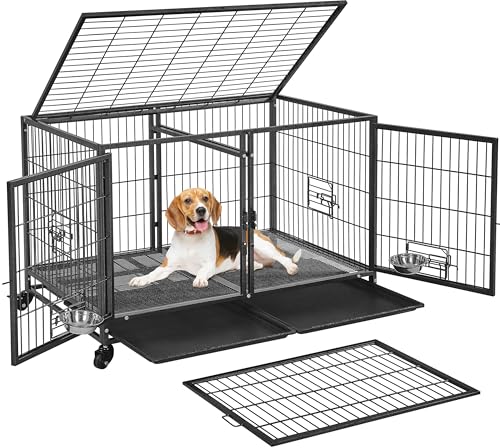 Image of Yaheetech 42.5 Inch Stackable Dog Crate with Divider for Small Medium Dogs | Heavy Duty Rolling Dog Cage with Open Top, 2 Removable Trays, Lockable Wheels, Flexible Layout For Multi-Pet Use