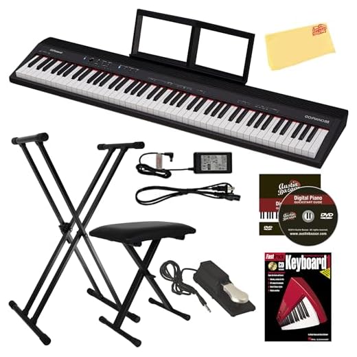 Roland GO-88P 88-Key Digital Piano Bundle with Adjustable Stand, Bench, Sustain Pedal, Instructional Book, Online Lessons, Austin Bazaar Instructional DVD, and Polishing Cloth