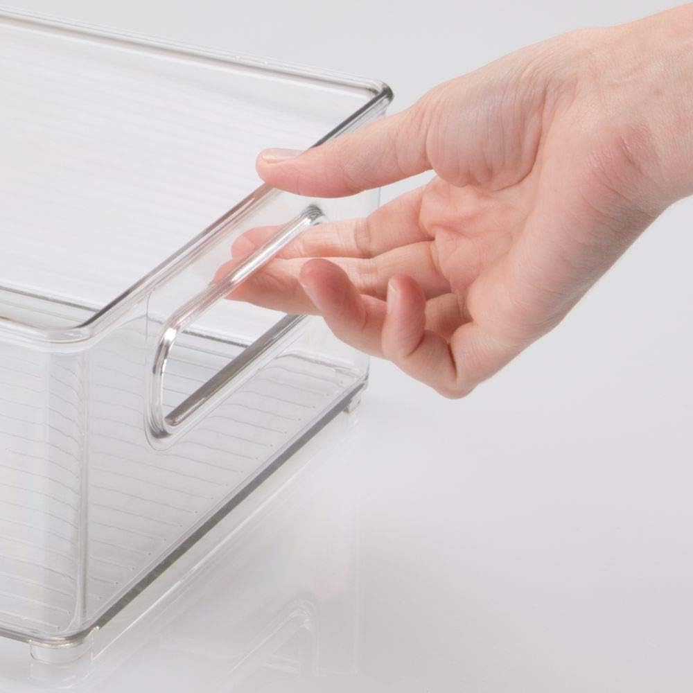 mDesign Large Stackable Kitchen Storage Organizer Bin with Pull Front Handle for Refrigerators, Freezers, Cabinets, Pantries - BPA Free, Food Safe - Deep Rectangle Tray Basket, Pack of 2, Clear