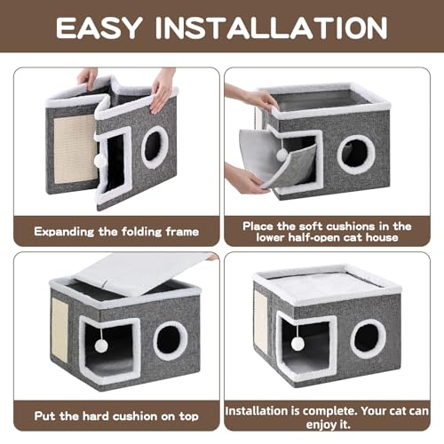 Large Cat Houses for Indoor Cats with Fluffy Ball and Scratch Pad | Foldable Cat Bed Cave for Multiple Pets, Kitten Bed for All Seasons, Non-slip, Hold Up to 30LBS, 16x16x13inch, Grey - Image 7