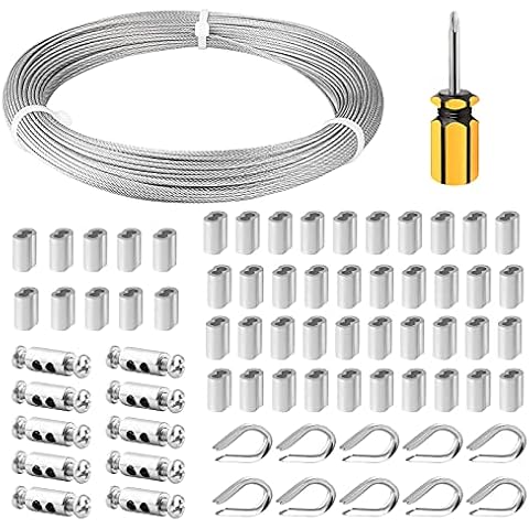 FSHIHINE 304 Stainless Steel Wire Cable 50M Multi-purpose 1.5mm Wire Rope Cable Rigging For Home & Garden Fencing Wire Kit with Cable Thimbles, Crimping Sleeves, Wire Rope Clips Guy Wires Cover