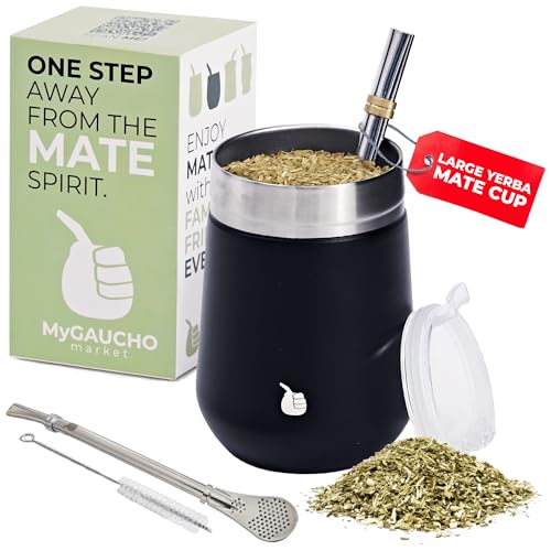Image of MyGaucho Yerba Mate Cup Gourd Set, Large 10oz, 2 Bombillas & Spill-Prev Lid | Includes BPA-free lid and cleaning brush for easy prep, comfortable sipping, and simple cleanup at home, work, or on the go