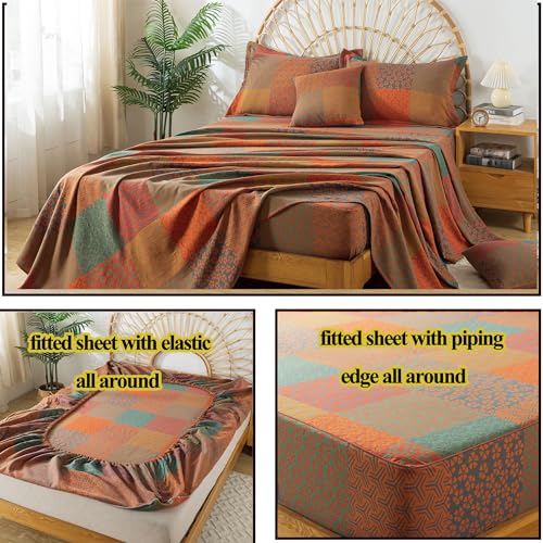 Image of FADFAY Grid Sheets Set King Vintage Checkered Floral Bedding Shabby Geometry Farmhouse Bedding Super Soft Washed Double -Layer Muslin Sheets 100% Cotton Deep Pocket Fitted Sheet 4Pcs, King Size