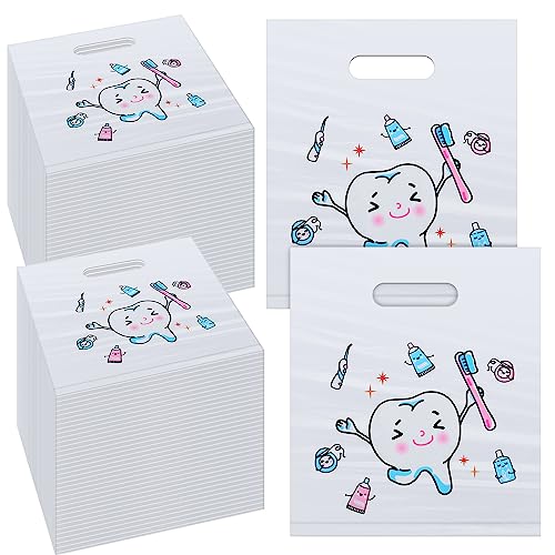 Image of Jetec 200 Pcs Dental Bag Bulk Tooth Merchandise Goodie Bag with Handles Plastic Tooth Dental Gift for Dentist Hygienist Appreciation Packaging Souvenir Gift Retail Party Favor 8.18 x 9.25 Inch(Sweet)